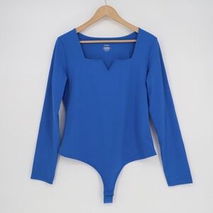 Saungkuai Bodysuit One Piece Womens XL Blue Rayon Stretch Split Neck Long Sleeve